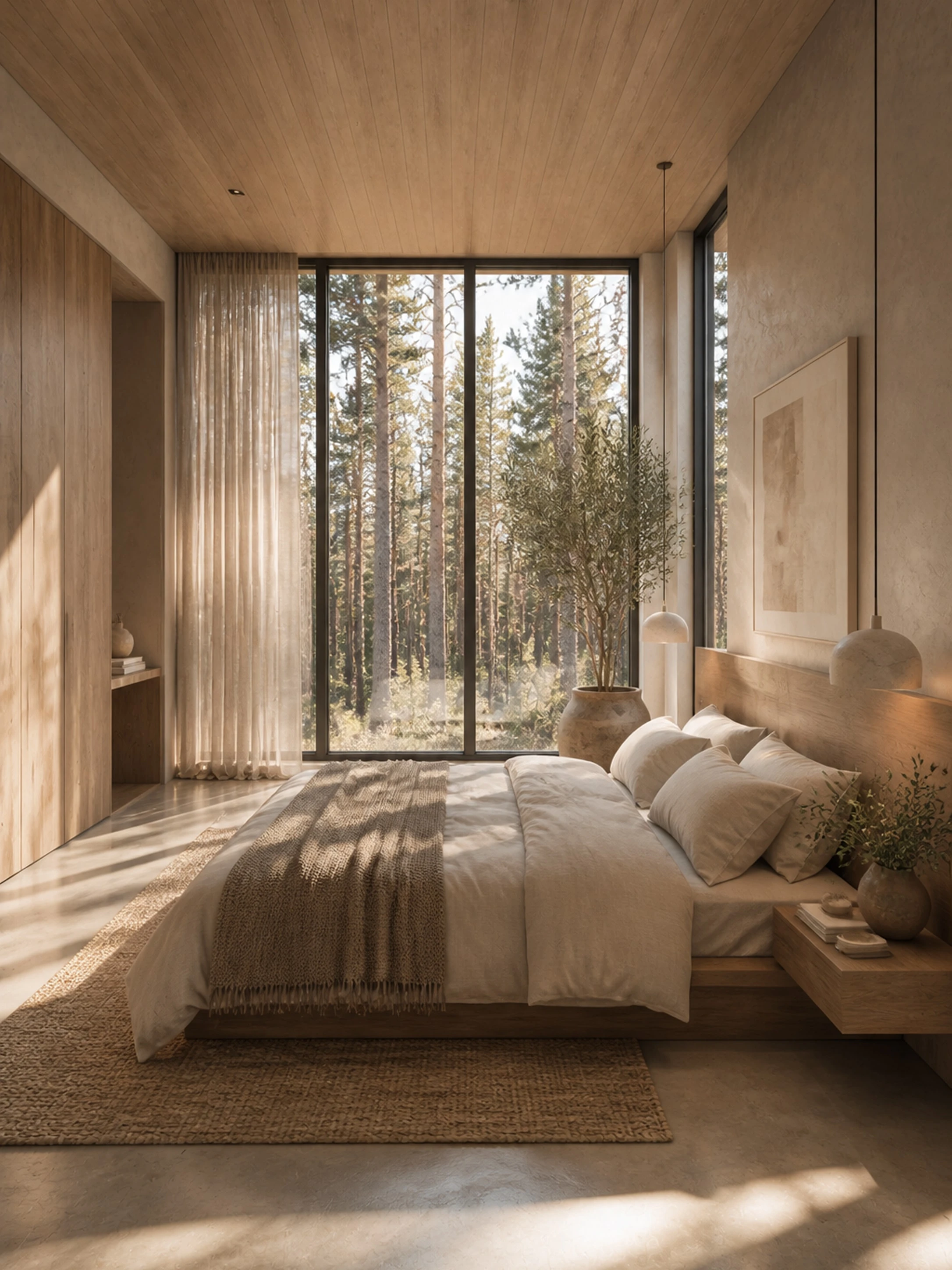 Calm bedroom with a low platform bed, linen bedding and a tall window framing pine trees