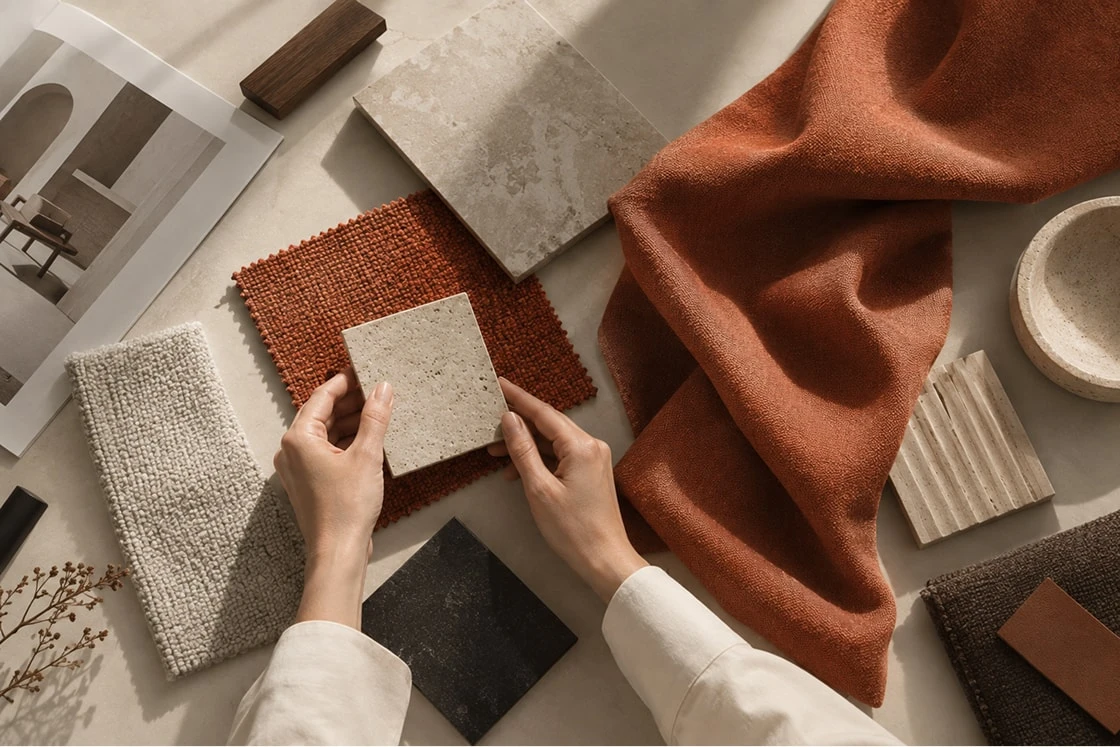 Hands arranging stone, bouclé and terracotta wool samples on a mood board