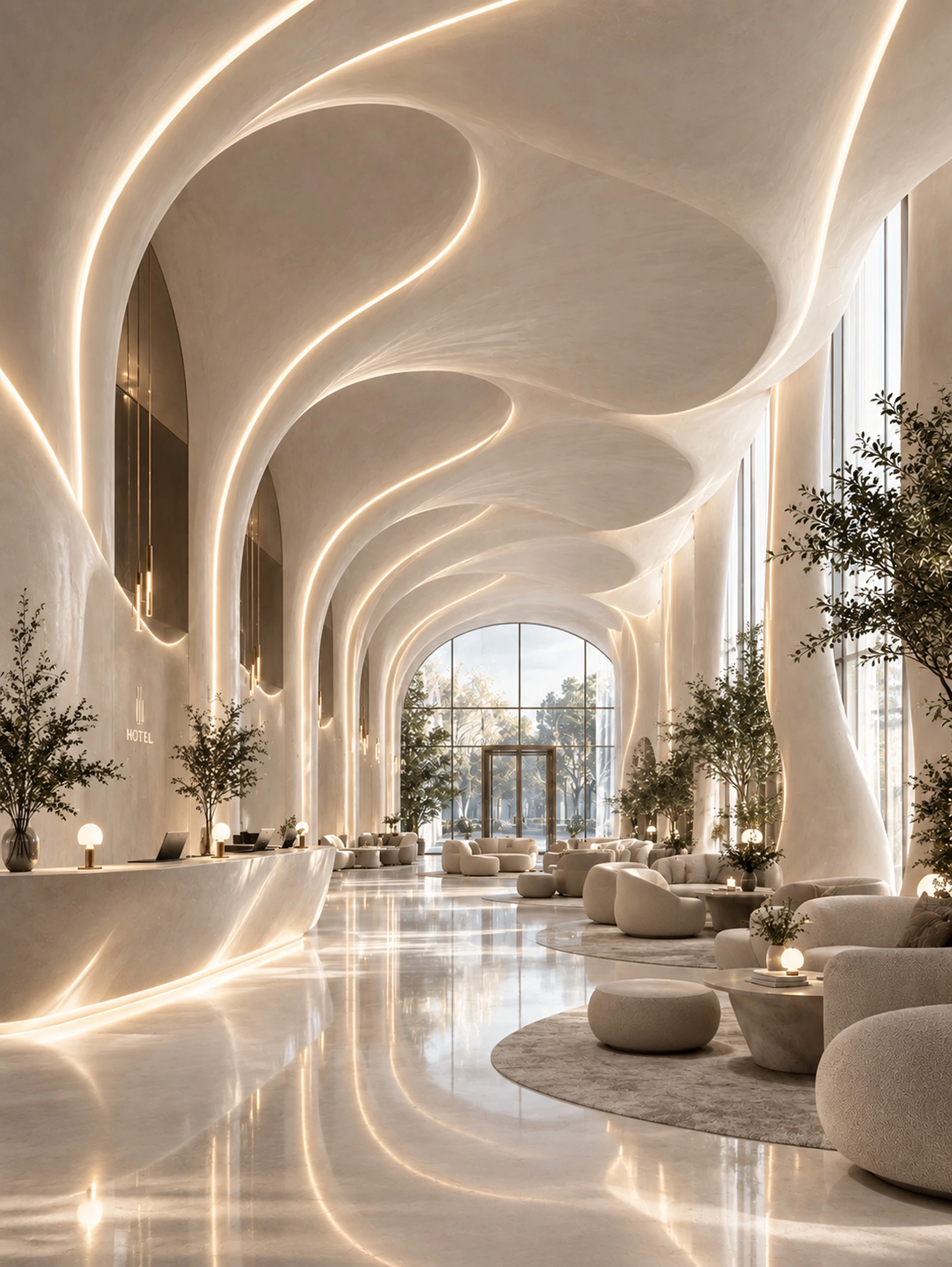 Lobby with arched organic ceiling lines lit in warm light, olive trees and a lounge area at the far end