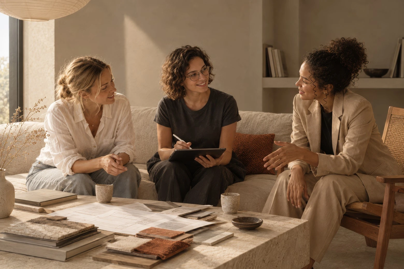Three designers talking on a sofa over coffee-table books and material samples