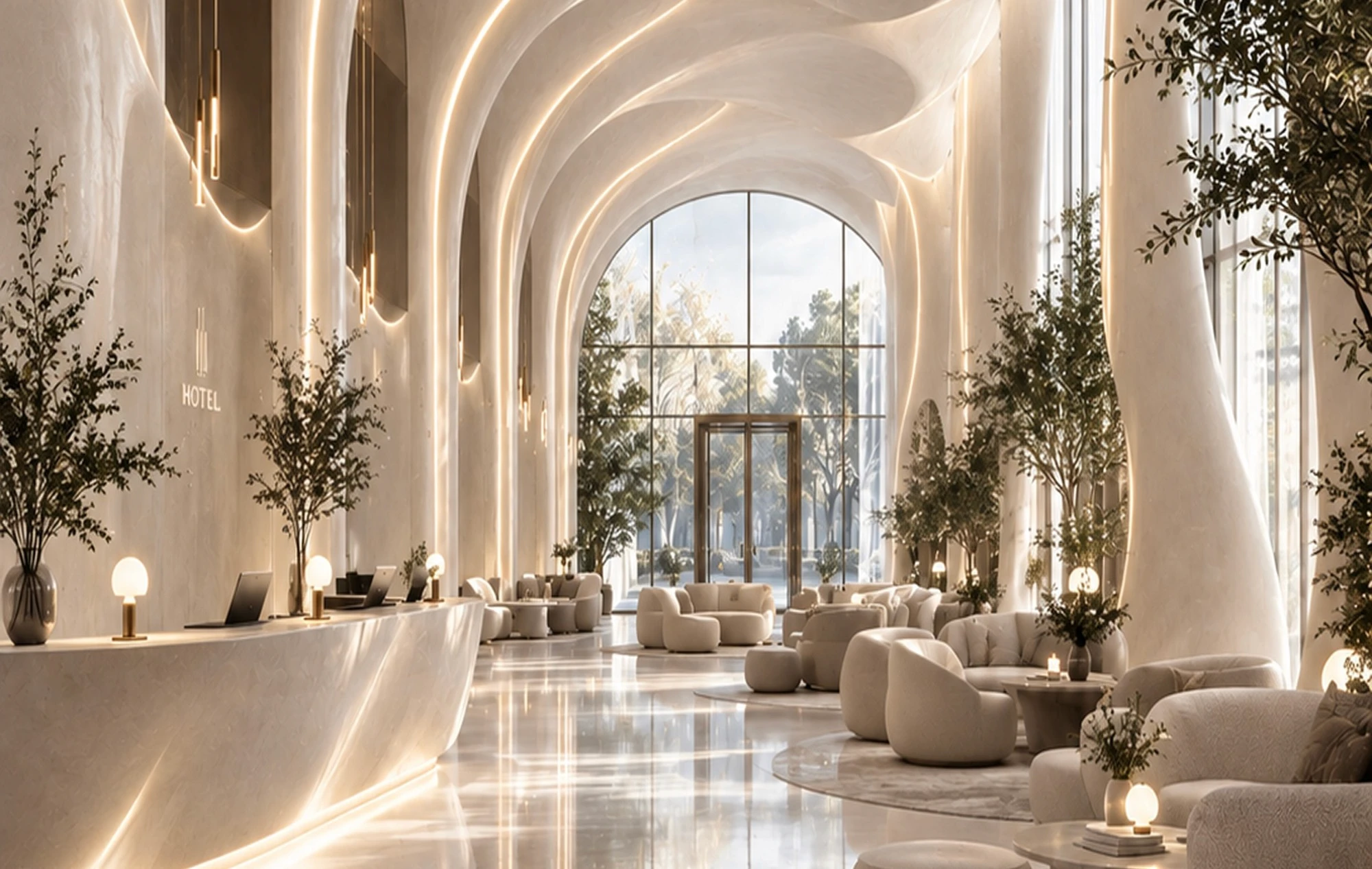 Hotel reception with a curved plaster desk, a glowing ceiling and a view through a large arched window