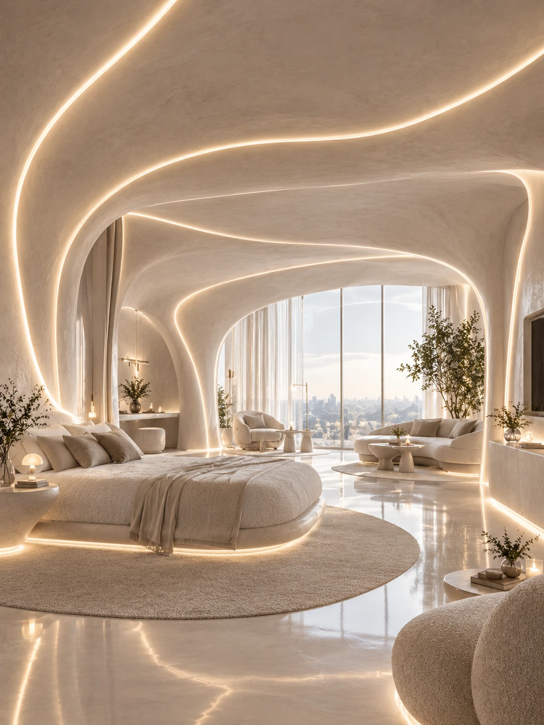 Curved plaster bedroom suite with glowing light lines in the ceiling and a round bed facing a panoramic window
