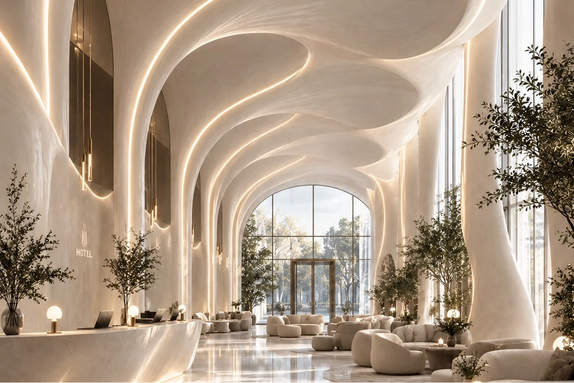 Sweeping arched lobby with organic plaster ceiling curves, a reception desk and olive trees beside large windows
