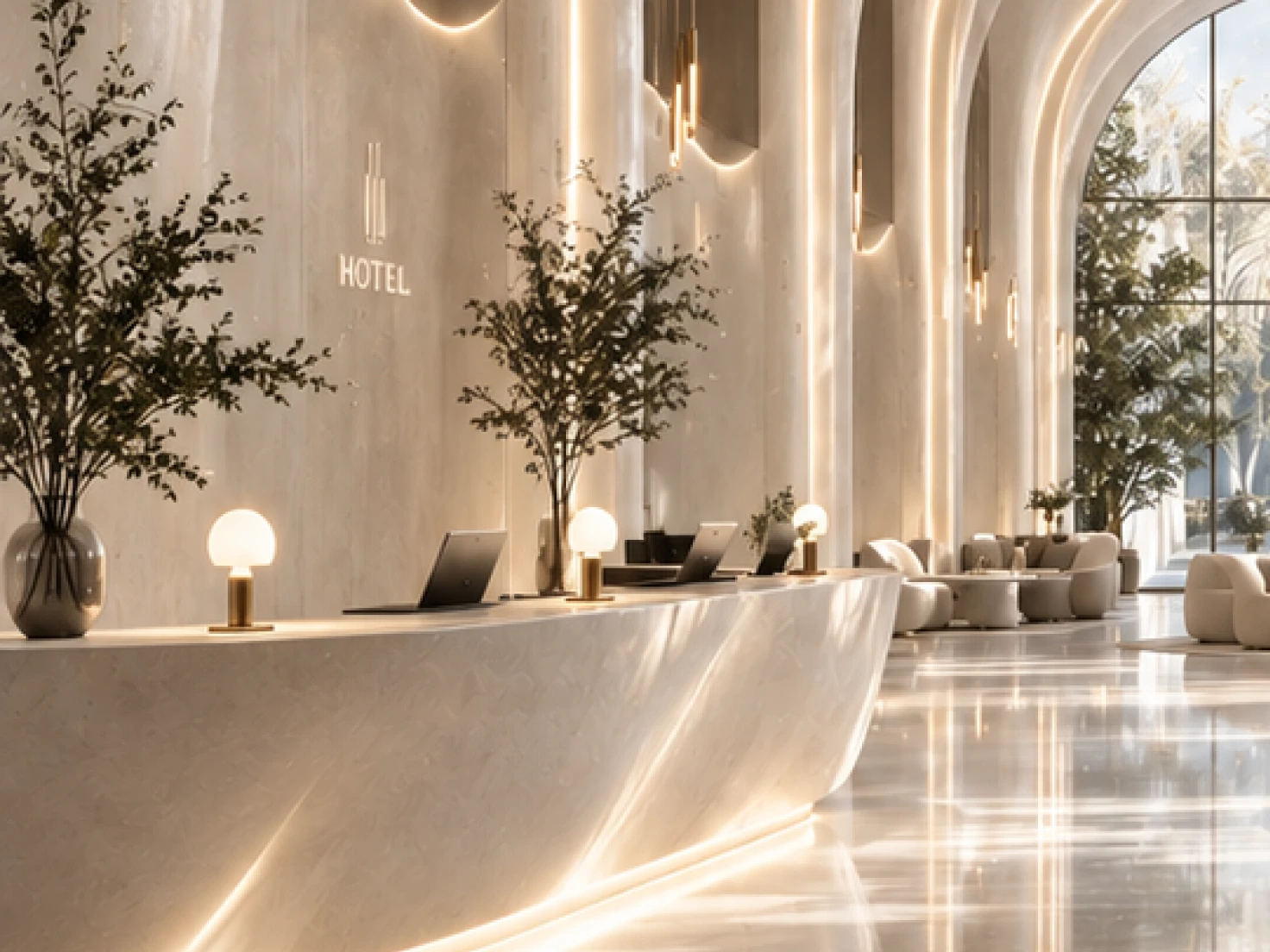 Curved plaster reception desk in a hotel lobby with warm lamps, olive trees and tall arched windows