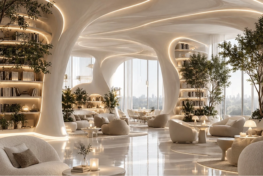 Open hotel lounge with a glowing sculpted ceiling, white bouclé armchairs and a wall of library shelves