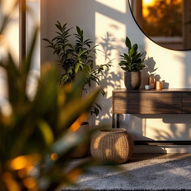 Console table with plants, a woven basket and a round mirror catching golden light