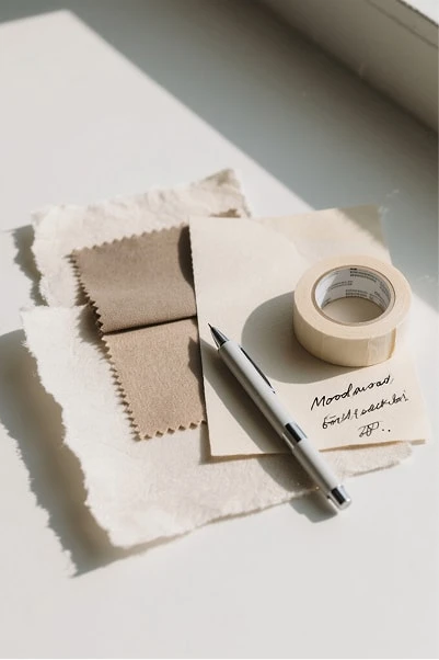Cream paper fabric swatches, a pen and masking tape on a handwritten moodboard note