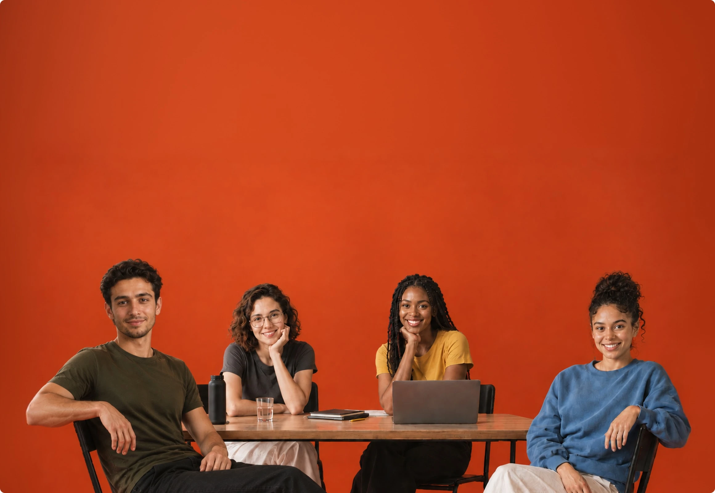 Four smiling team members seated around a table with a laptop against a vermilion backdrop