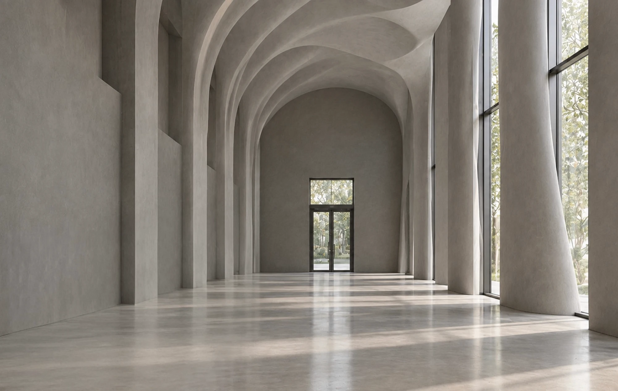 Vaulted grey plaster hall with a row of arched ceiling ribs and tall windows leading to a glazed door