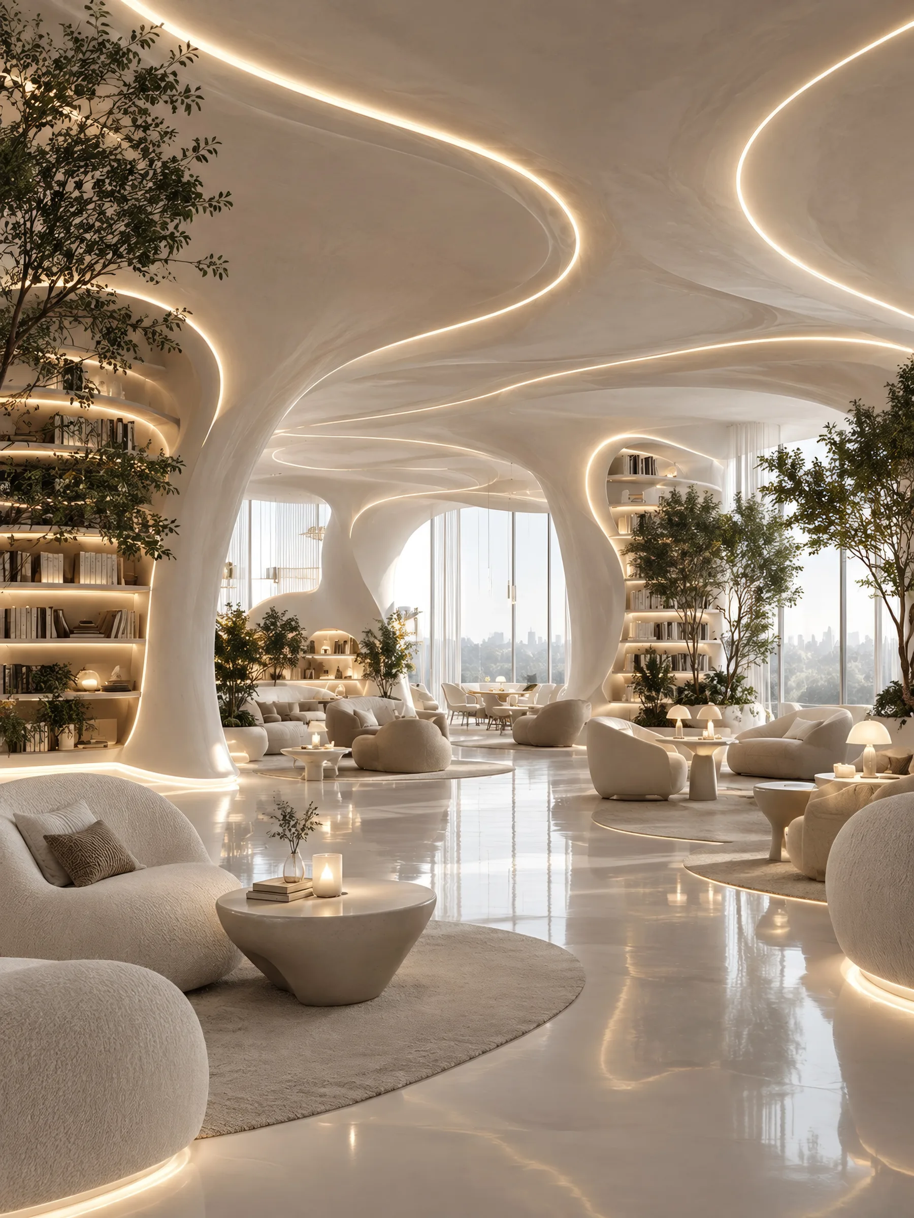 Lounge with a sculpted ceiling, shelved walls, bouclé seating and a round rug