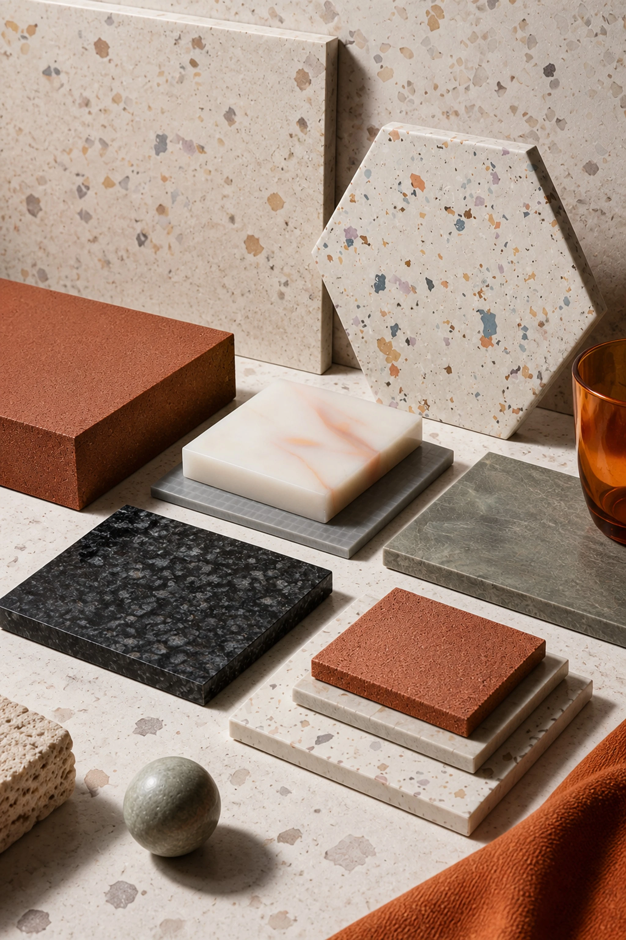 Terrazzo, terracotta and stone material samples arranged beside a rust-colored fabric