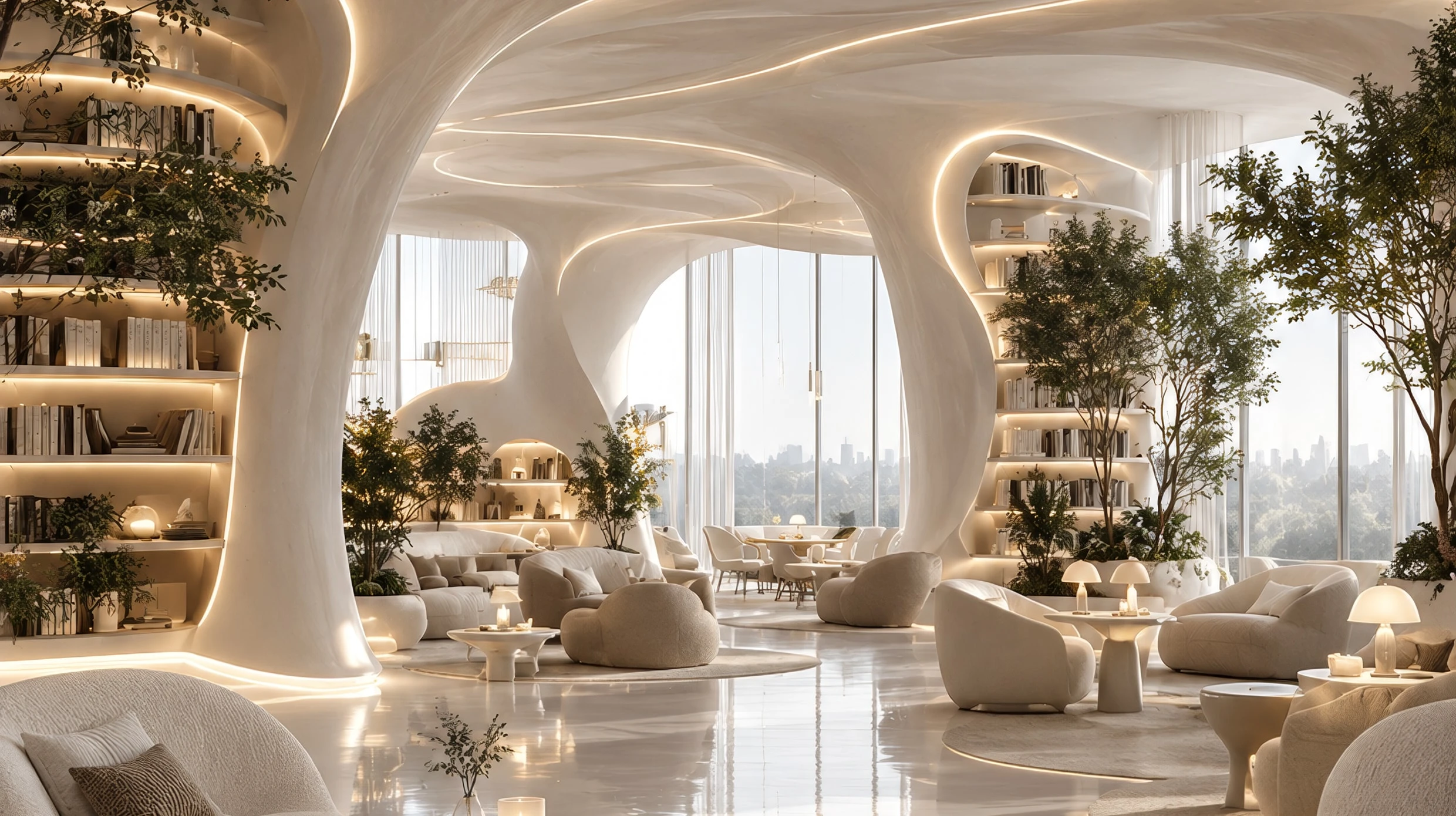 Sculptural cream-white hotel lobby with a curving glowing ceiling, built-in bookshelves, indoor trees and soft bouclé lounge seating