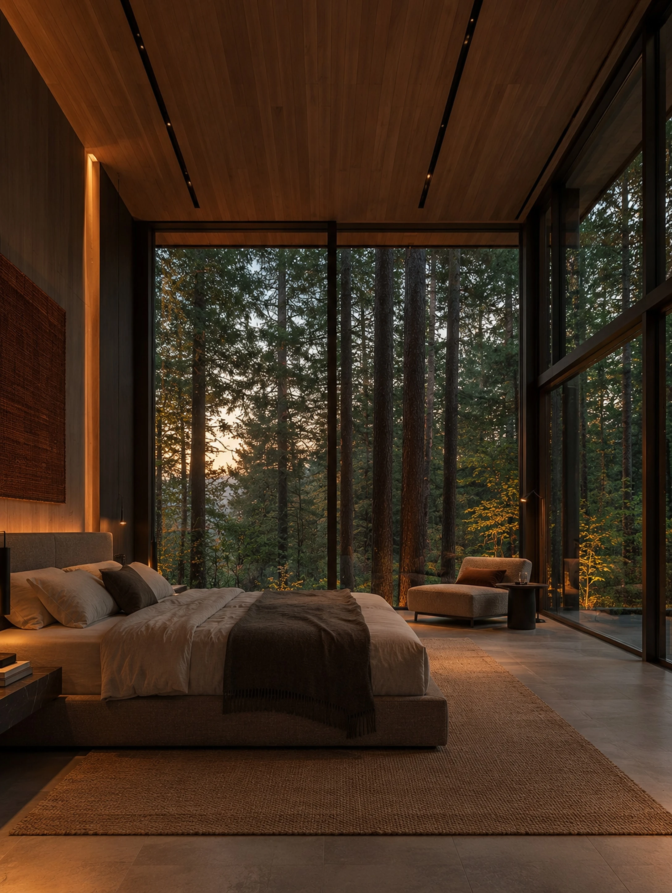 Evening bedroom with a low bed, warm cove lighting and a glass wall facing the pine forest