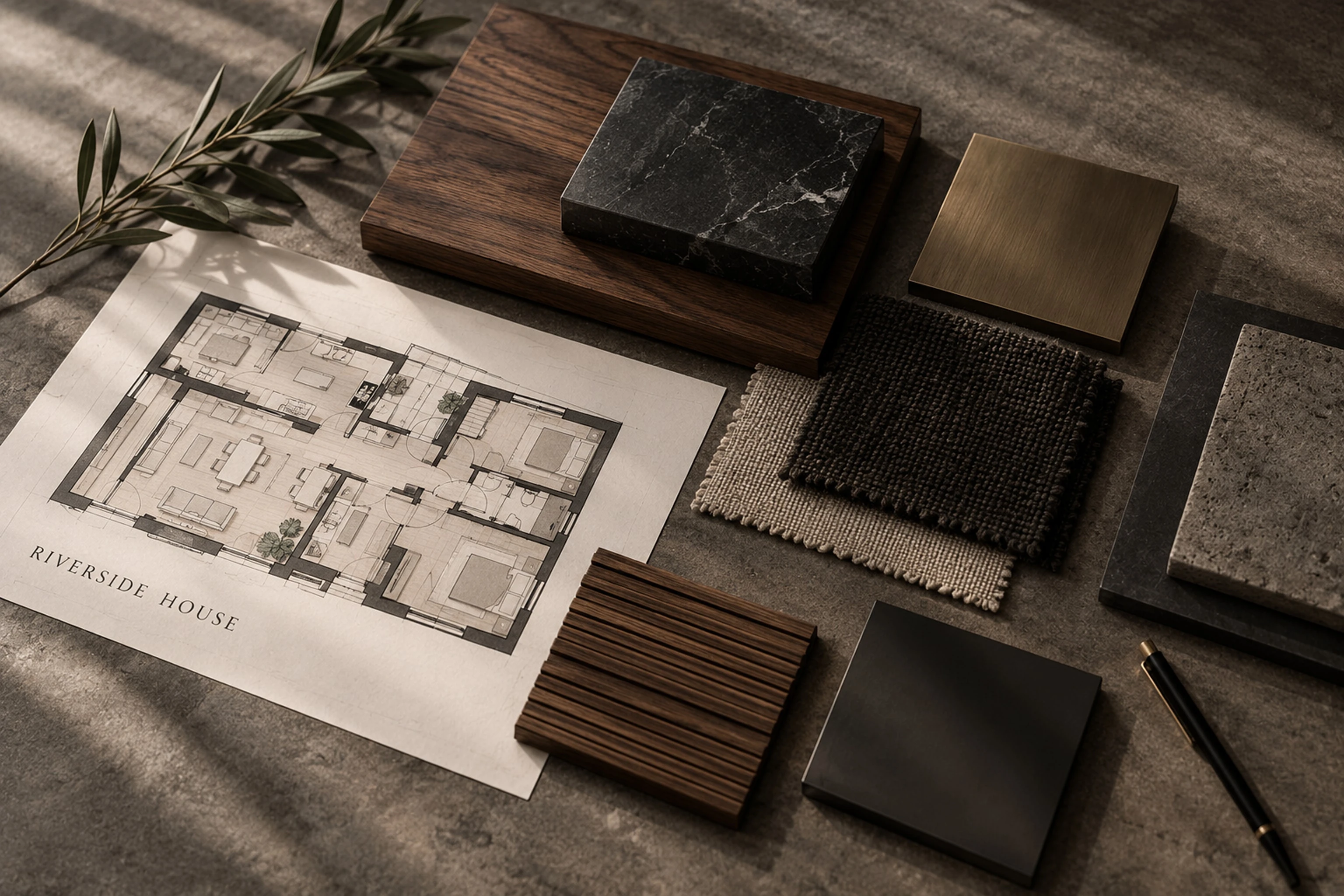 Riverside House floor plan beside dark walnut, black marble, brass and textile samples on a concrete surface