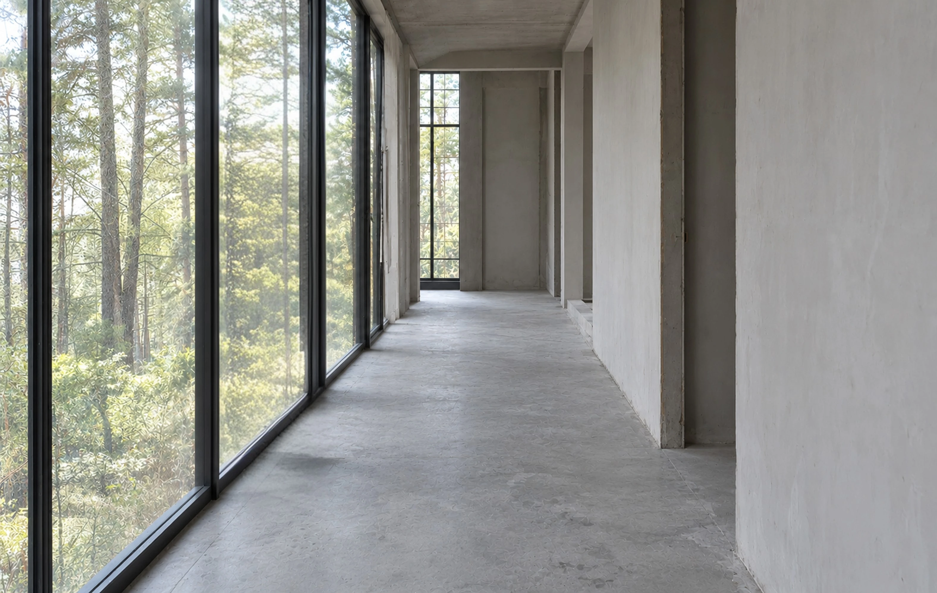 Concrete-floored corridor lined with floor-to-ceiling windows overlooking pine trees