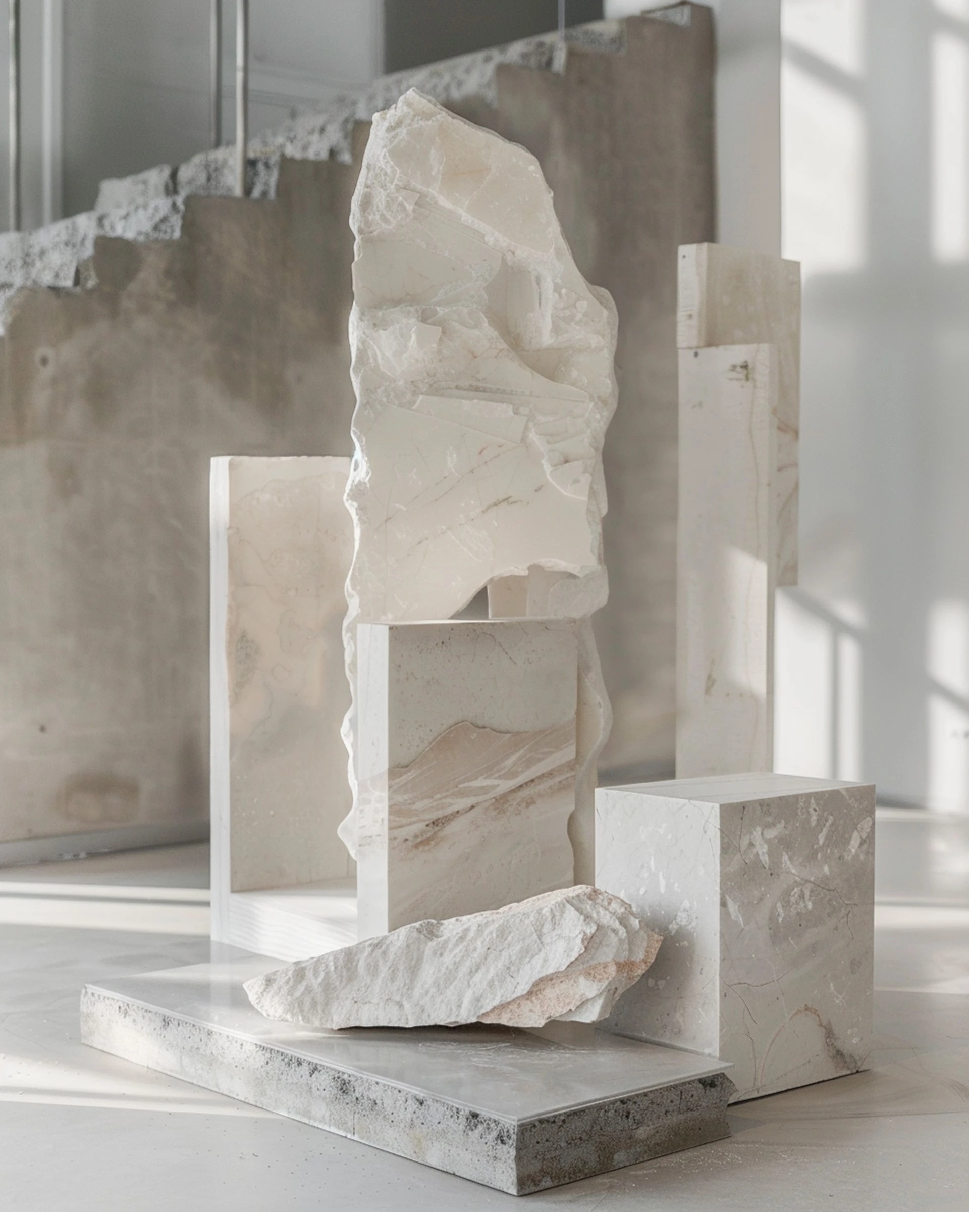Sculptural arrangement of raw white marble blocks and slabs in soft daylight