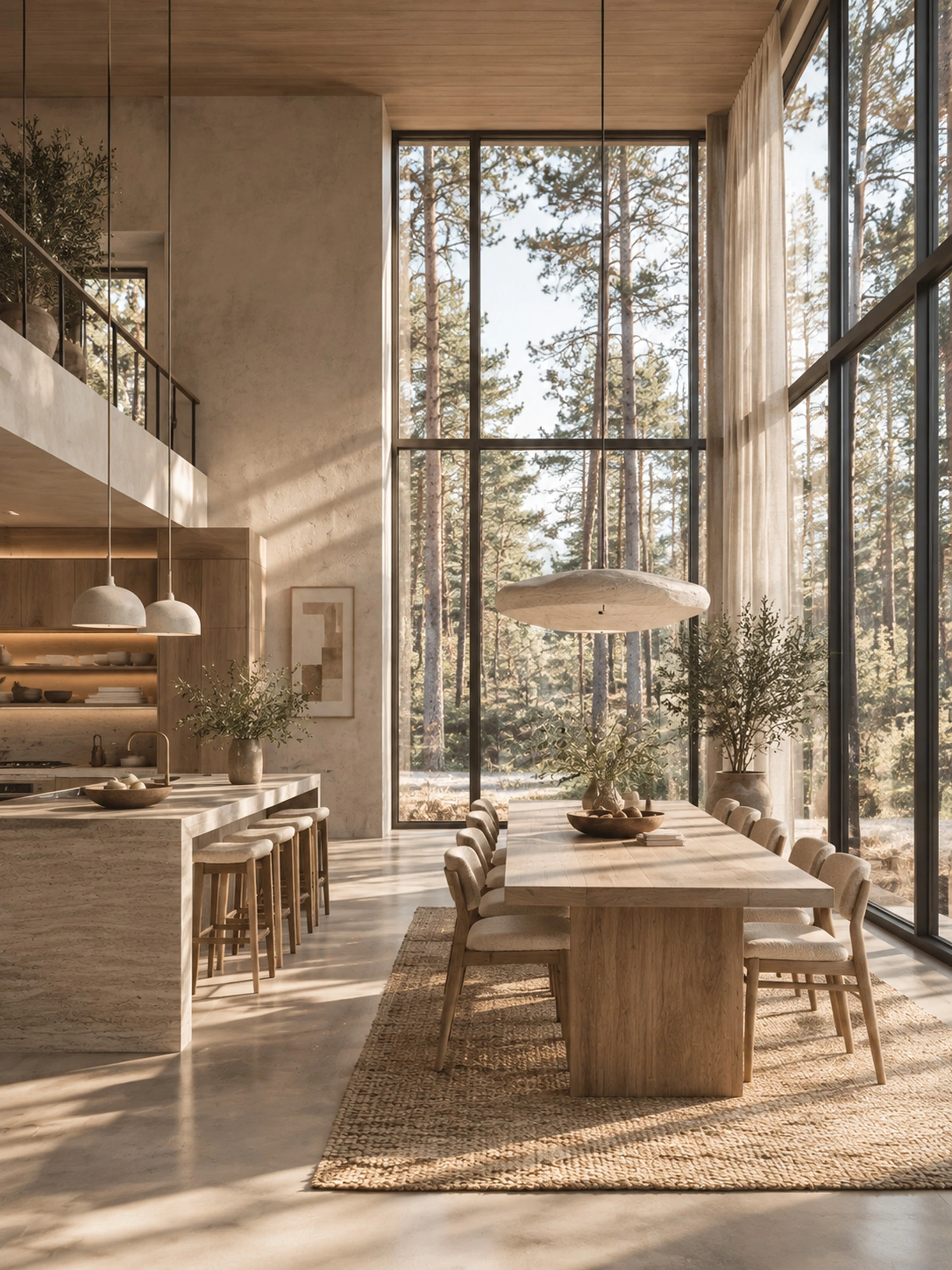 Forest-house interior with a tall glass wall, a long wooden dining table and a woven rug under pendant lamps